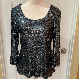 PECK & PECK. Gorgeous Sparkly Bottle Green Sequined Top. 3/4 Sleeves. Si…